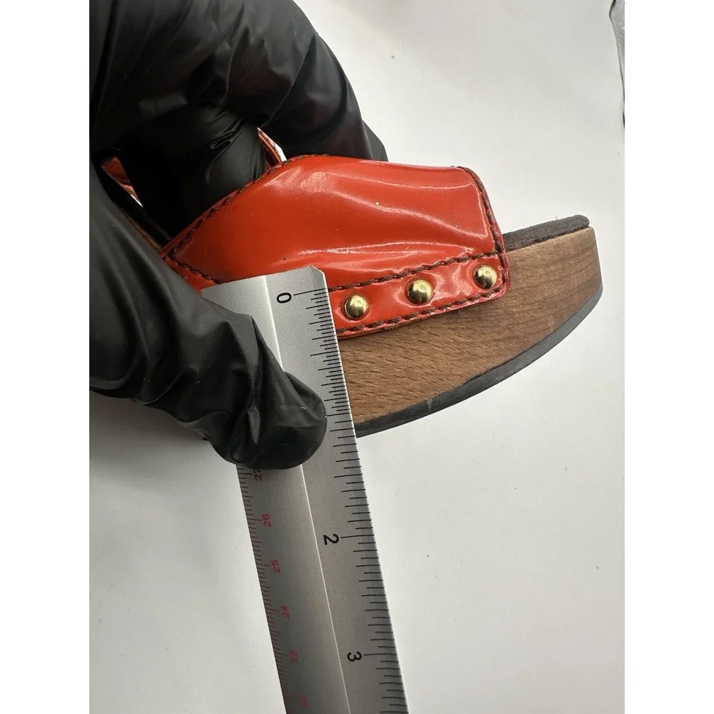Louis Vuitton Patent Leather T-Strap Platform Sandals Red Orange Gold LV Heels